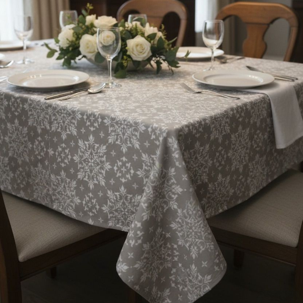 Dining table set with a floral-patterned tablecloth, plates, silverware.