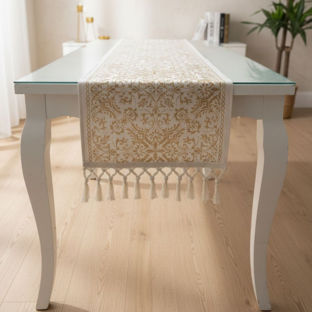 Decorative table runner on a glass-top table in a room with a plant and books.
