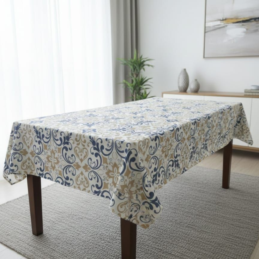 Tablecloth with floral pattern on a wooden table in a room with a window and plant.