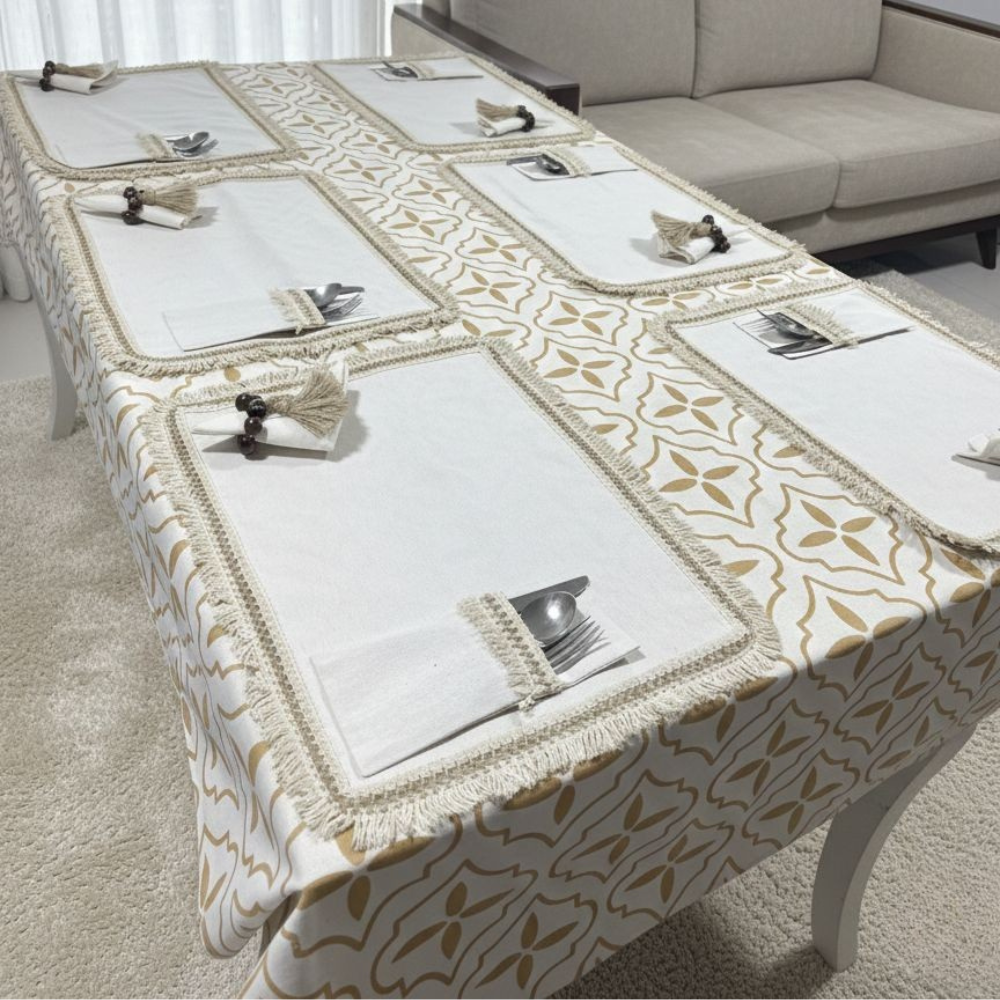 Decorative tablecloth with a geometric pattern on a dining table.