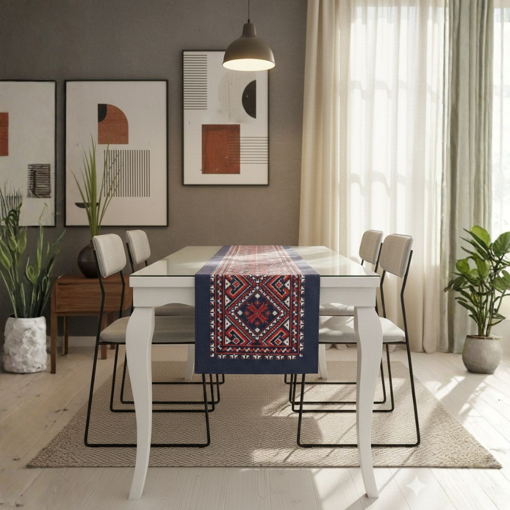 Dining room with a white table, patterned runner, and modern decor.
