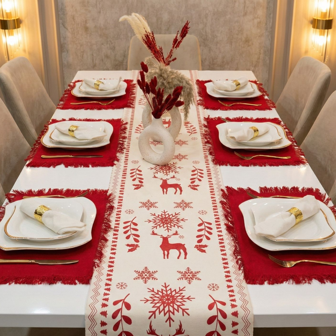 Dining table set with red placemats and napkins featuring tree patterns, surrounded by chairs.
